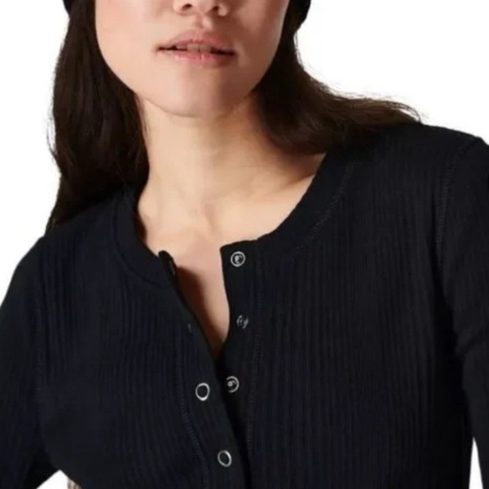 Sweaty Betty Laid Back Waffle Knit Thermal Henley Top Black Small Thumbholes